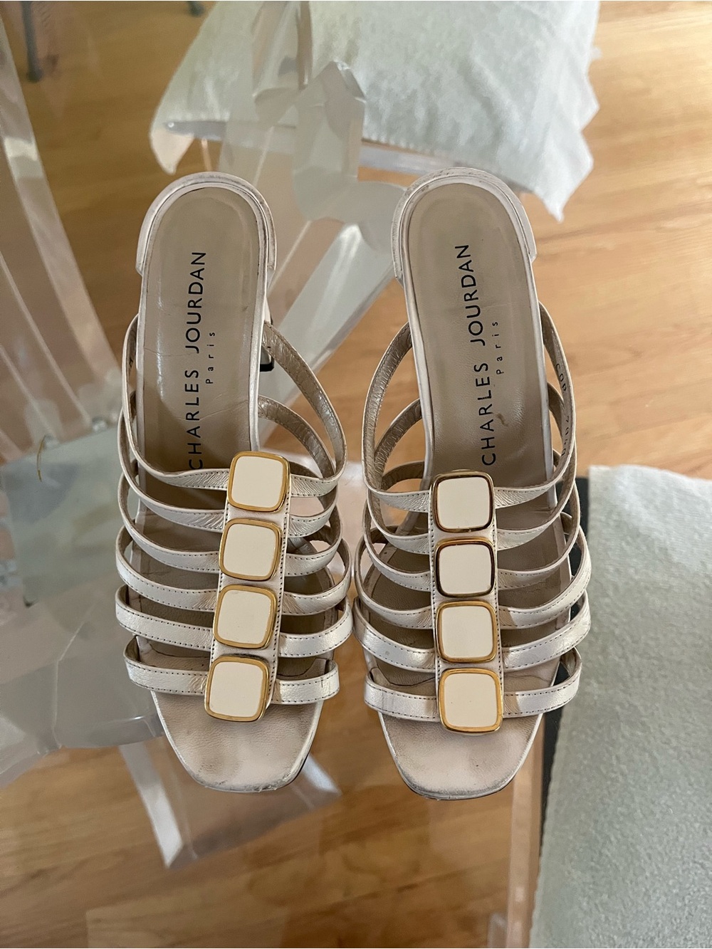 Charles Jourdan Cream Strappy Slide Heels with Gold Accents